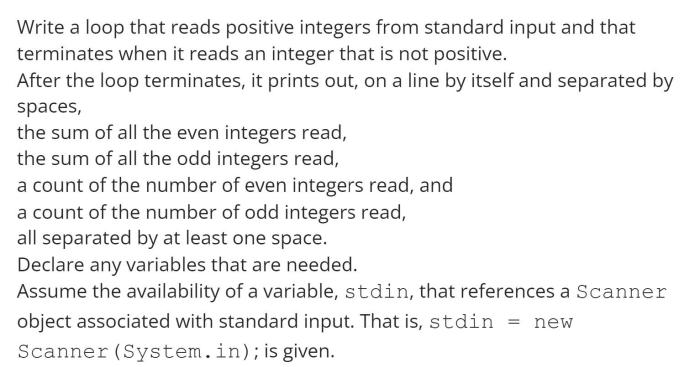 Write a loop that reads positive integers